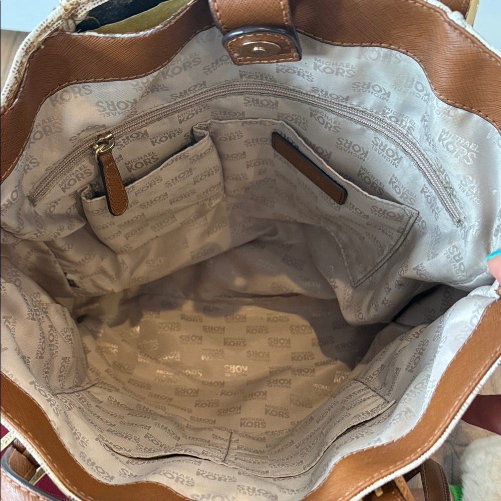 Michael Kors Cream and Brown Tote Bag coated leather gold purse handbag MK - Picture 9 of 11